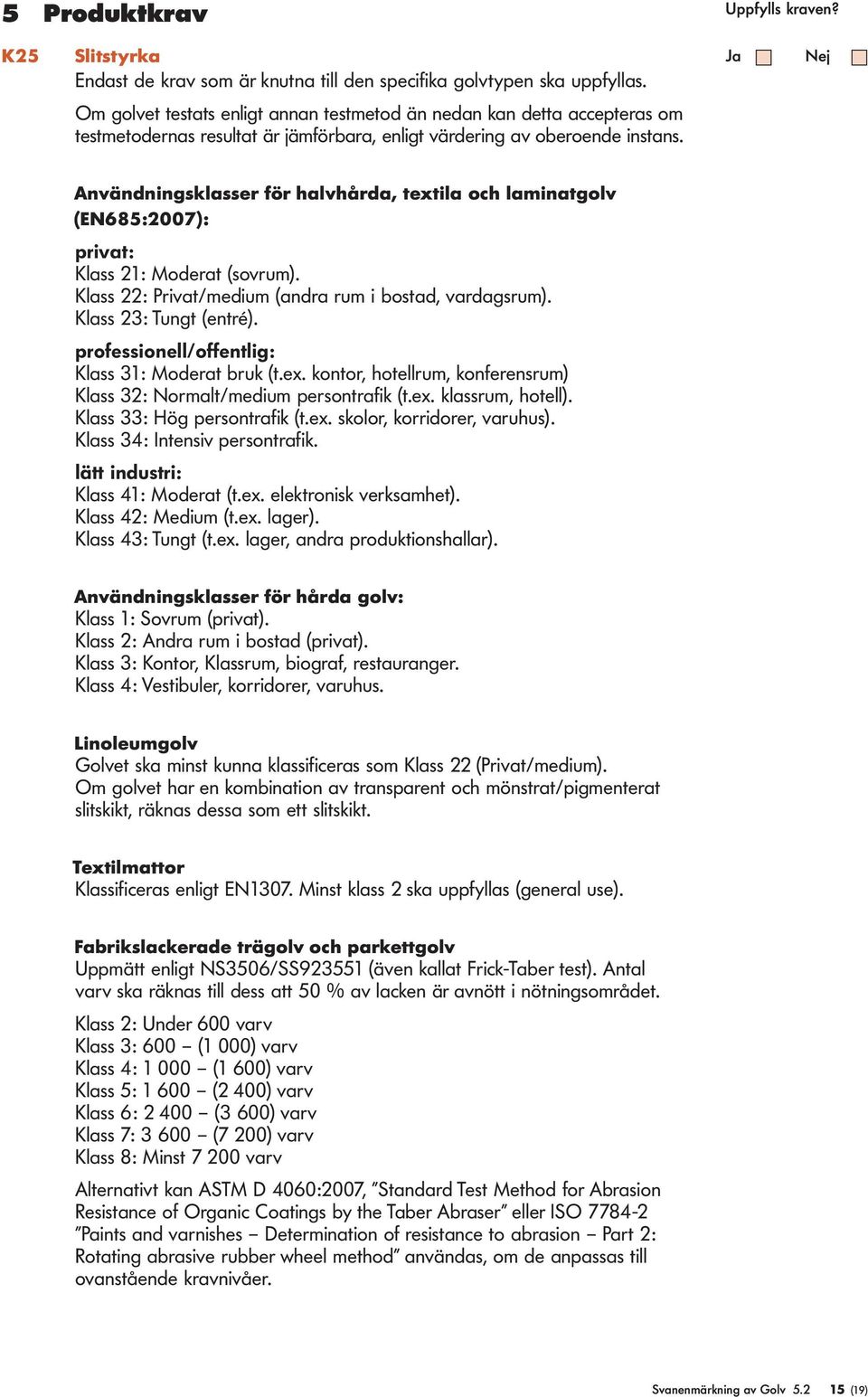 Användningskasser för havhårda, textia och aminatgov (EN685:2007): privat: Kass 21: Moderat (sovrum). Kass 22: Privat/medium (andra rum i bostad, vardagsrum). Kass 23: Tungt (entré).