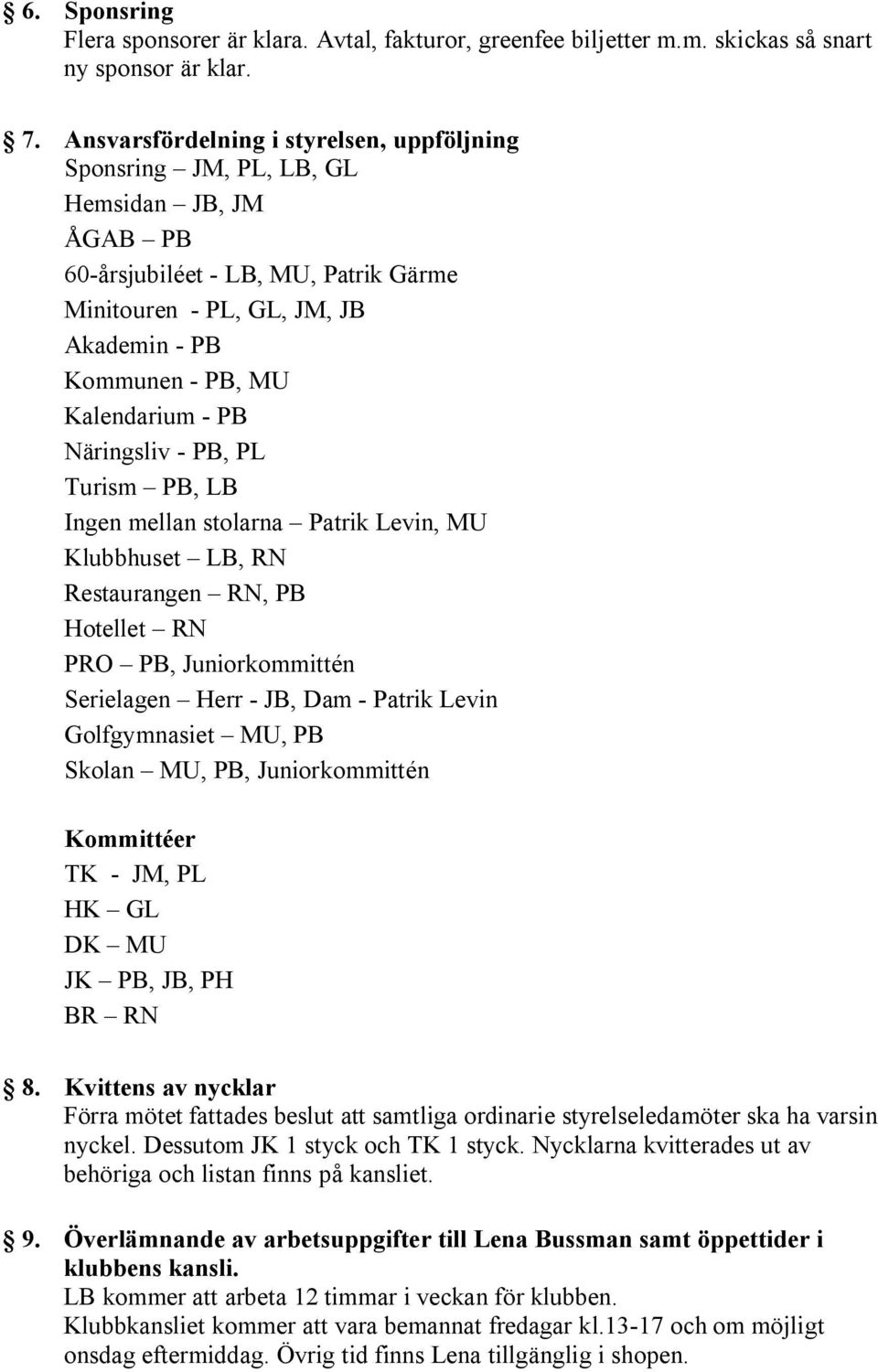 Kalendarium - PB Näringsliv - PB, PL Turism PB, LB Ingen mellan stolarna Patrik Levin, MU Klubbhuset LB, RN Restaurangen RN, PB Hotellet RN PRO PB, Juniorkommittén Serielagen Herr - JB, Dam - Patrik