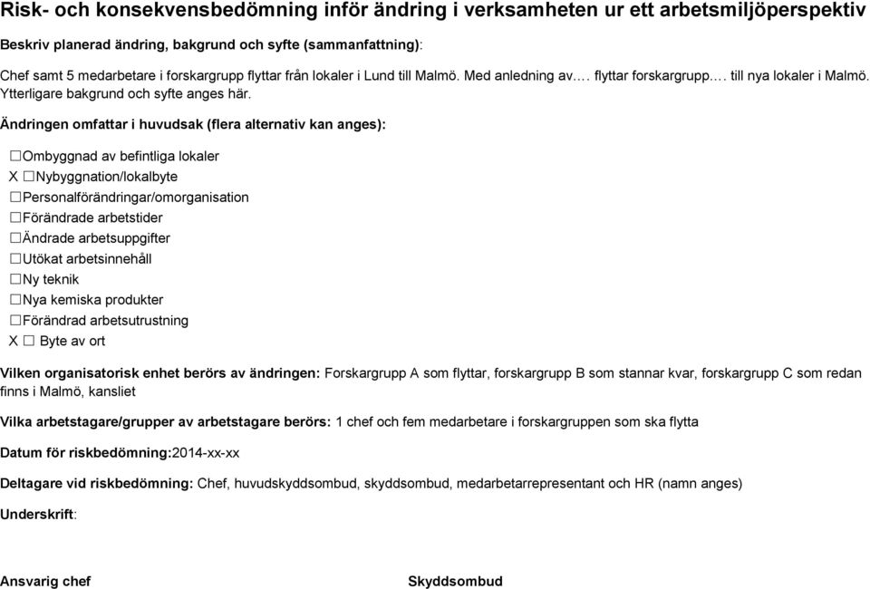 Ändringen omfattar i huvudsak (flera alternativ kan anges): Ombyggnad av befintliga lokaler X Nybyggnation/lokalbyte Personalförändringar/omorganisation Förändrade arbetstider Ändrade arbetsuppgifter