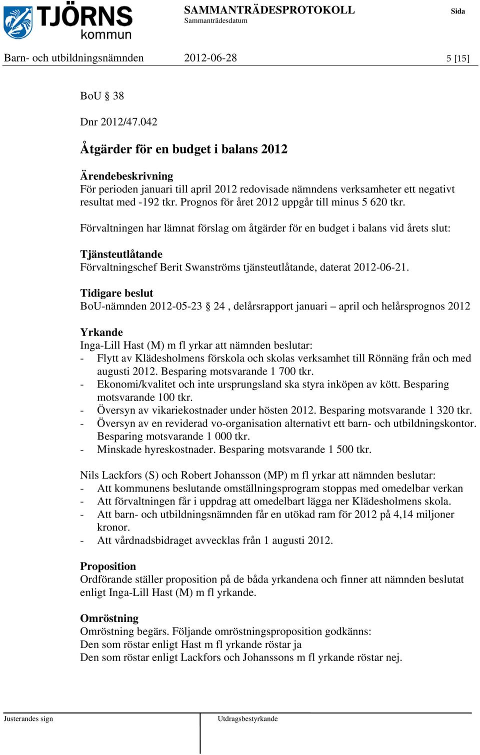 Prognos för året 2012 uppgår till minus 5 620 tkr.