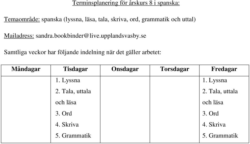 se Samtliga veckor har följande indelning när det gäller arbetet: Måndagar Tisdagar Onsdagar