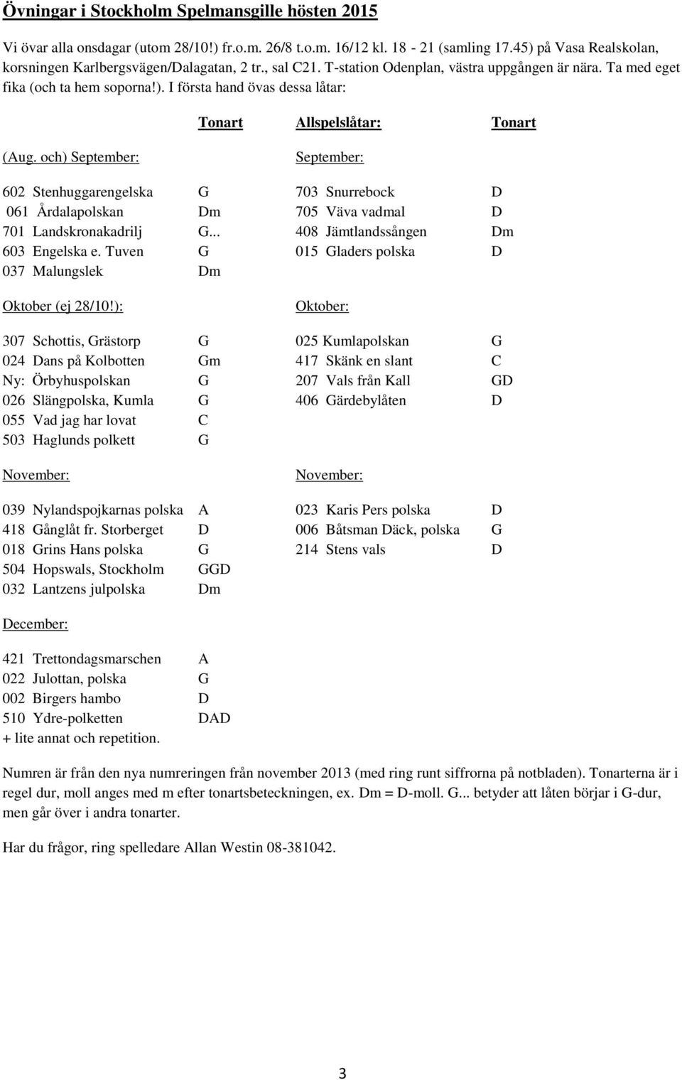 och) September: September: 602 Stenhuggarengelska G 703 Snurrebock D 061 Årdalapolskan Dm 705 Väva vadmal D 701 Landskronakadrilj G... 408 Jämtlandssången Dm 603 Engelska e.