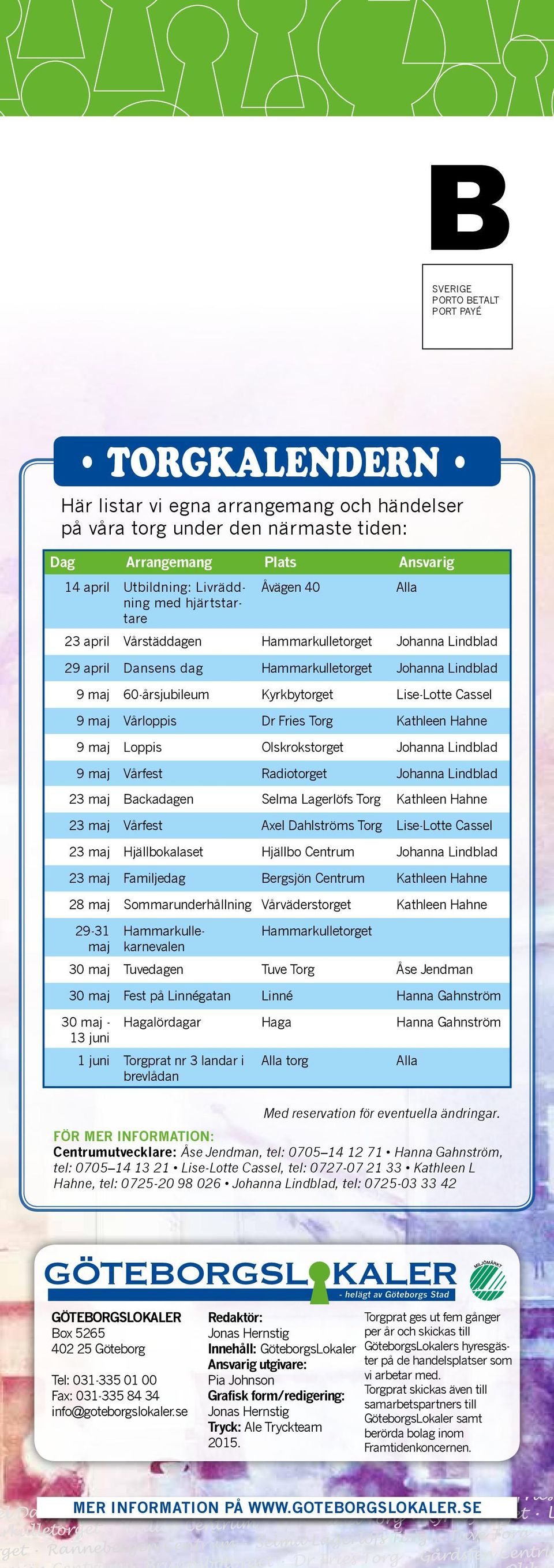 9 maj Vårloppis Dr Fries Torg Kathleen Hahne 9 maj Loppis Olskrokstorget Johanna Lindblad 9 maj Vårfest Radiotorget Johanna Lindblad 23 maj Backadagen Selma Lagerlöfs Torg Kathleen Hahne 23 maj