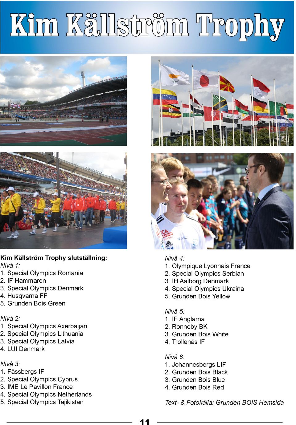 Special Olympics Netherlands 5. Special Olympics Tajikistan Nivå 4: 1. Olympique Lyonnais France 2. Special Olympics Serbian 3. IH Aalborg Denmark 4. Special Olympics Ukraina 5.