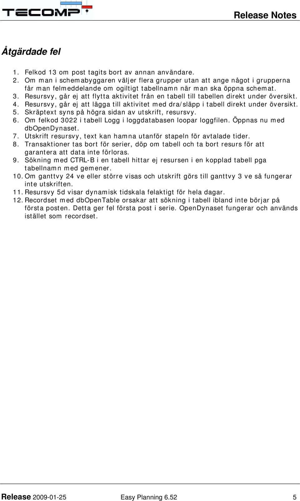 Resursvy, går ej att flytta aktivitet från en tabell till tabellen direkt under översikt. 4. Resursvy, går ej att lägga till aktivitet med dra/släpp i tabell direkt under översikt. 5.