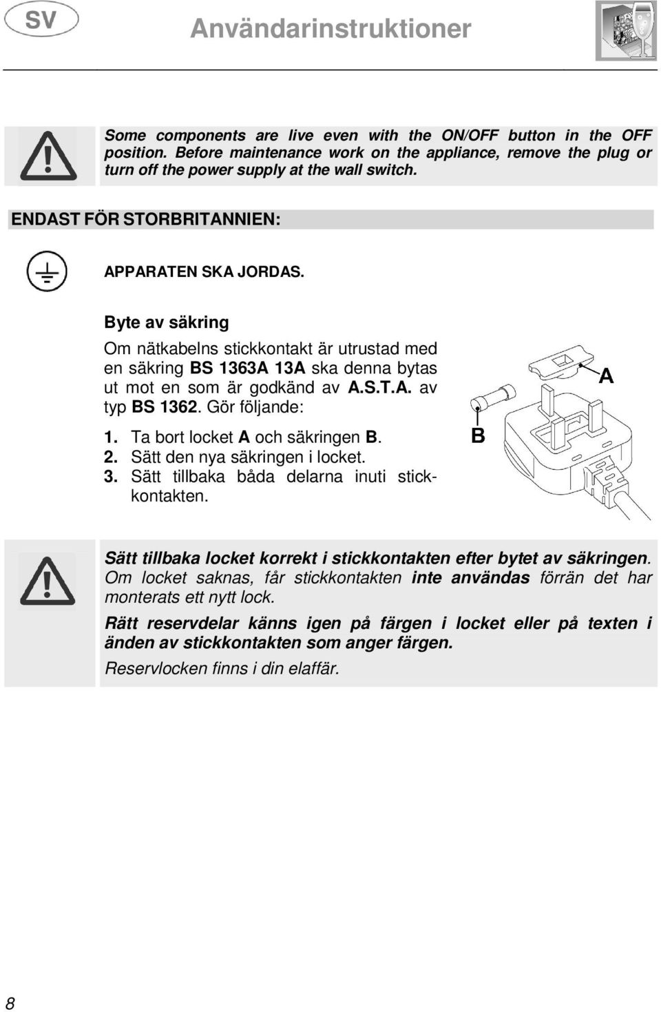 Gör följande: 1. Ta bort locket A och säkringen B. 2. Sätt den nya säkringen i locket. 3. Sätt tillbaka båda delarna inuti stickkontakten.