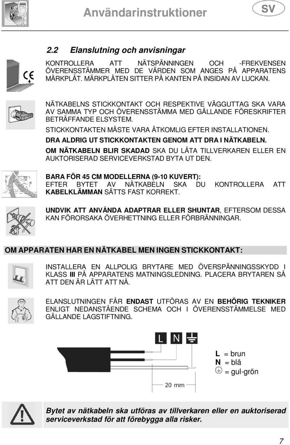 DRA ALDRIG UT STICKKONTAKTEN GENOM ATT DRA I NÄTKABELN. OM NÄTKABELN BLIR SKADAD SKA DU LÅTA TILLVERKAREN ELLER EN AUKTORISERAD SERVICEVERKSTAD BYTA UT DEN.