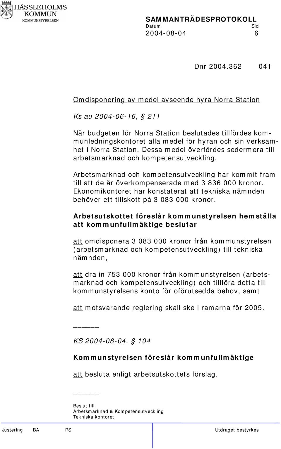 Norra Station. Dessa medel överfördes sedermera till arbetsmarknad och kompetensutveckling. Arbetsmarknad och kompetensutveckling har kommit fram till att de är överkompenserade med 3 836 000 kronor.