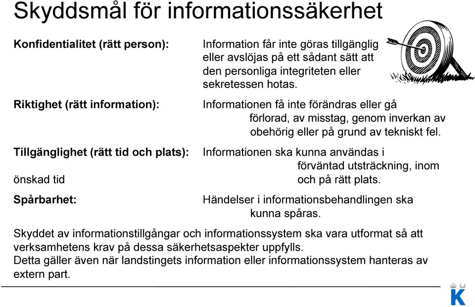 Tillgänglighet (rätt tid och plats): Informationen ska kunna användas i förväntad utsträckning, inom önskad tid och på rätt plats.