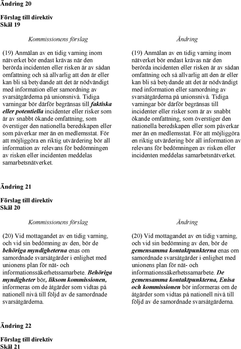 Tidiga varningar bör därför begränsas till faktiska eller potentiella incidenter eller risker som är av snabbt ökande omfattning, som överstiger den nationella beredskapen eller som påverkar mer än