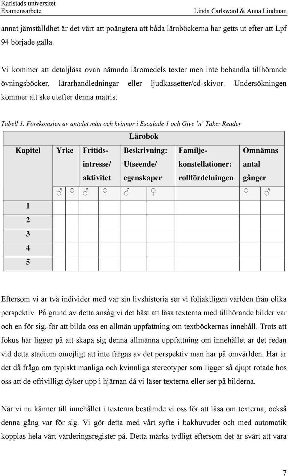 Undersökningen kommer att ske utefter denna matris: Tabell 1.