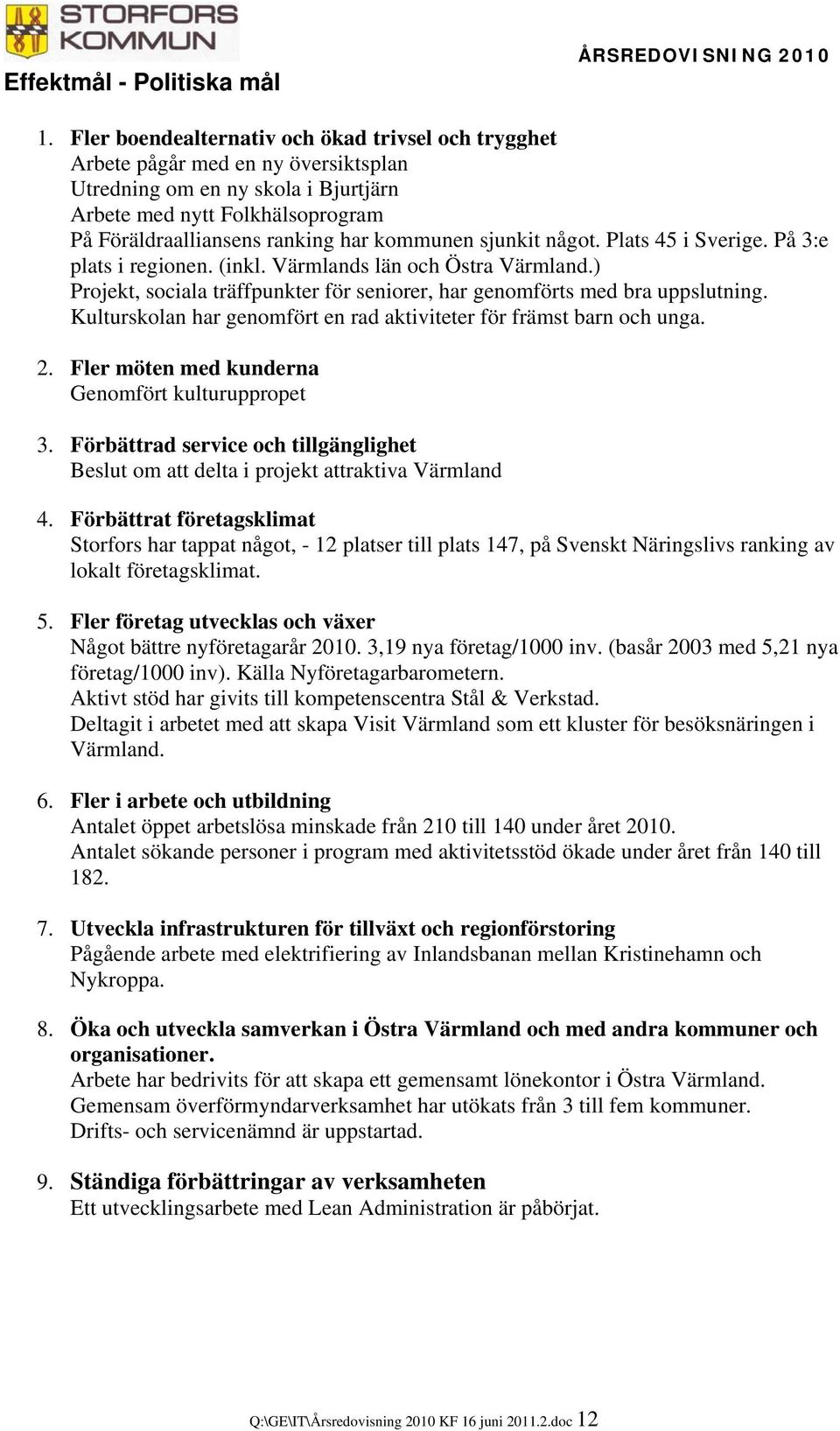 kommunen sjunkit något. Plats 45 i Sverige. På 3:e plats i regionen. (inkl. Värmlands län och Östra Värmland.) Projekt, sociala träffpunkter för seniorer, har genomförts med bra uppslutning.