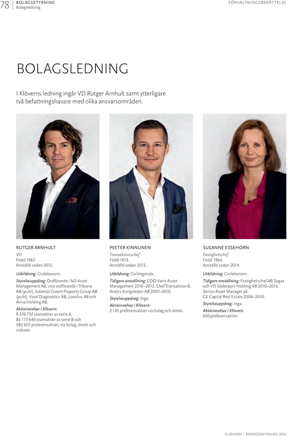 Styrelseuppdrag: Ordförande i M2 Asset Management AB, vice ordförande i Tribona AB (publ), ledamot Corem Property Group AB (publ), Vytal Diagnostics AB, Locellus AB och Arnia Holding AB.