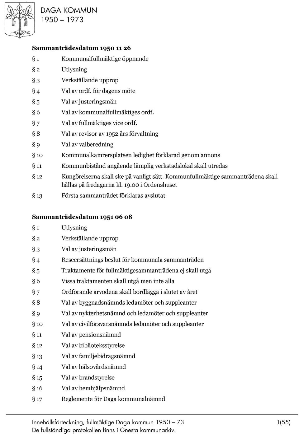 8 Val av revisor av 1952 års förvaltning 9 Val av valberedning 10 Kommunalkamrersplatsen ledighet förklarad genom annons 11 Kommunbistånd angående lämplig verkstadslokal skall utredas 12