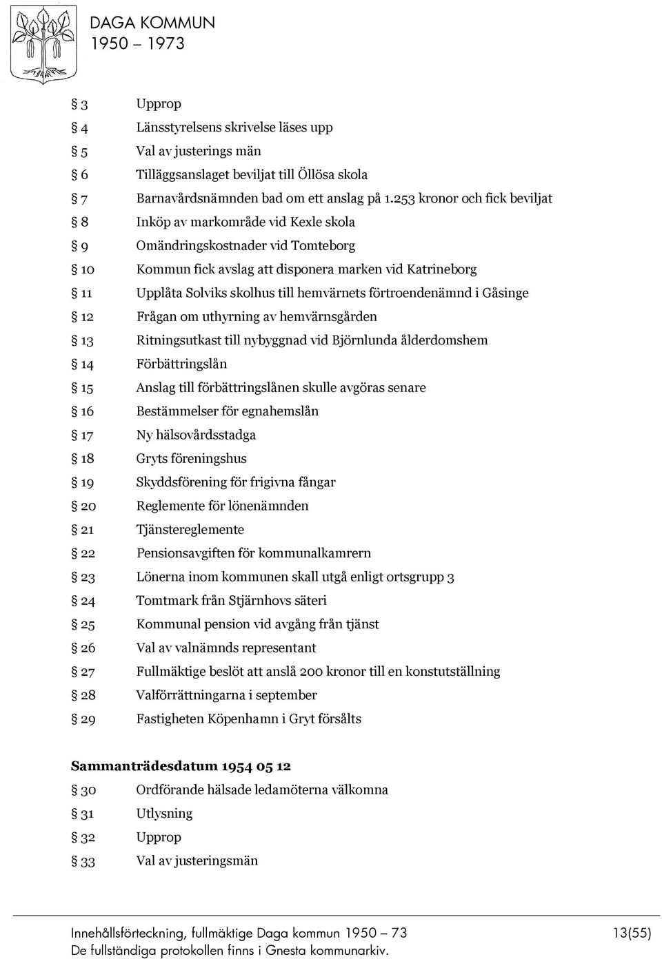 hemvärnets förtroendenämnd i Gåsinge 12 Frågan om uthyrning av hemvärnsgården 13 Ritningsutkast till nybyggnad vid Björnlunda ålderdomshem 14 Förbättringslån 15 Anslag till förbättringslånen skulle