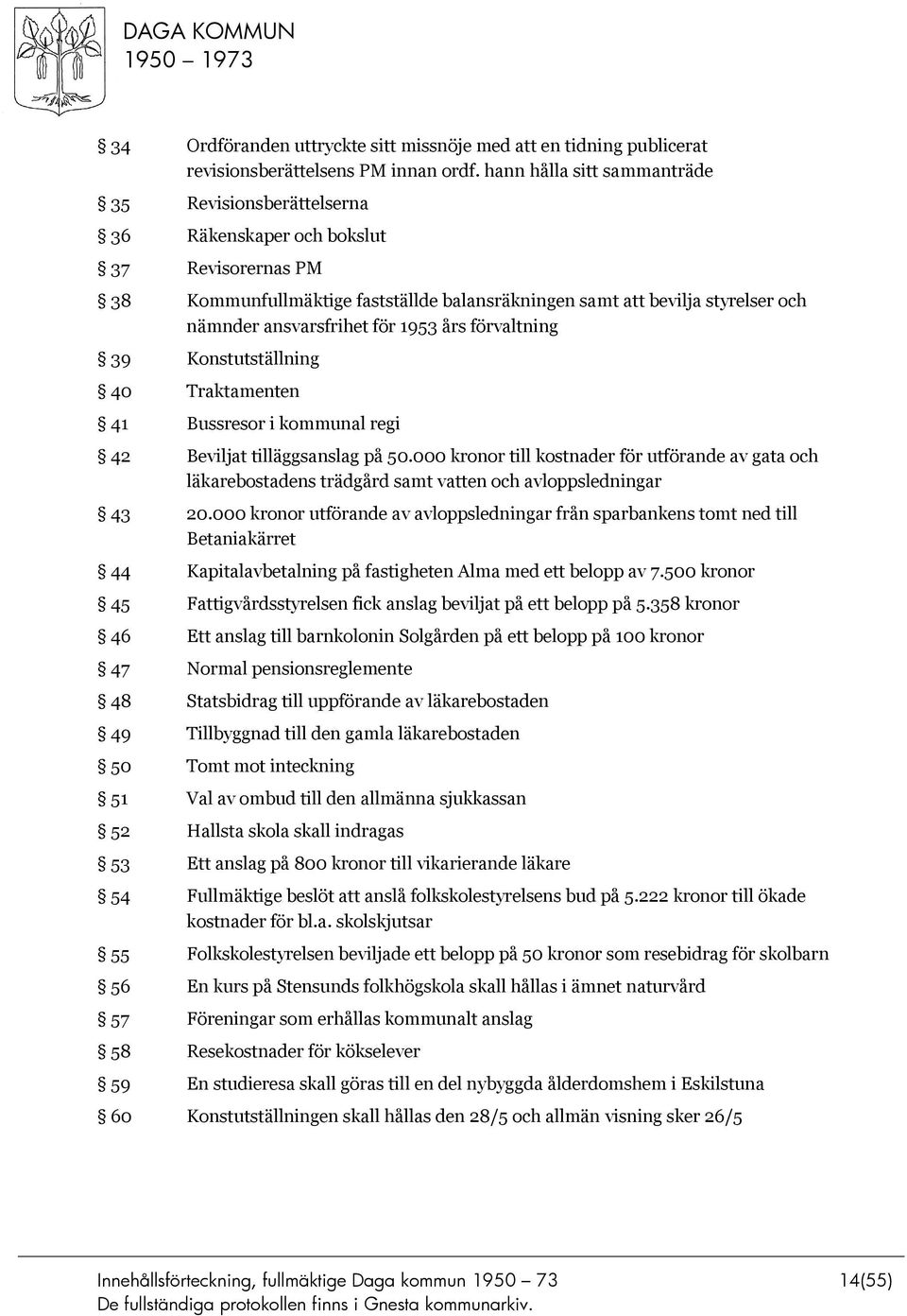 ansvarsfrihet för 1953 års förvaltning 39 Konstutställning 40 Traktamenten 41 Bussresor i kommunal regi 42 Beviljat tilläggsanslag på 50.