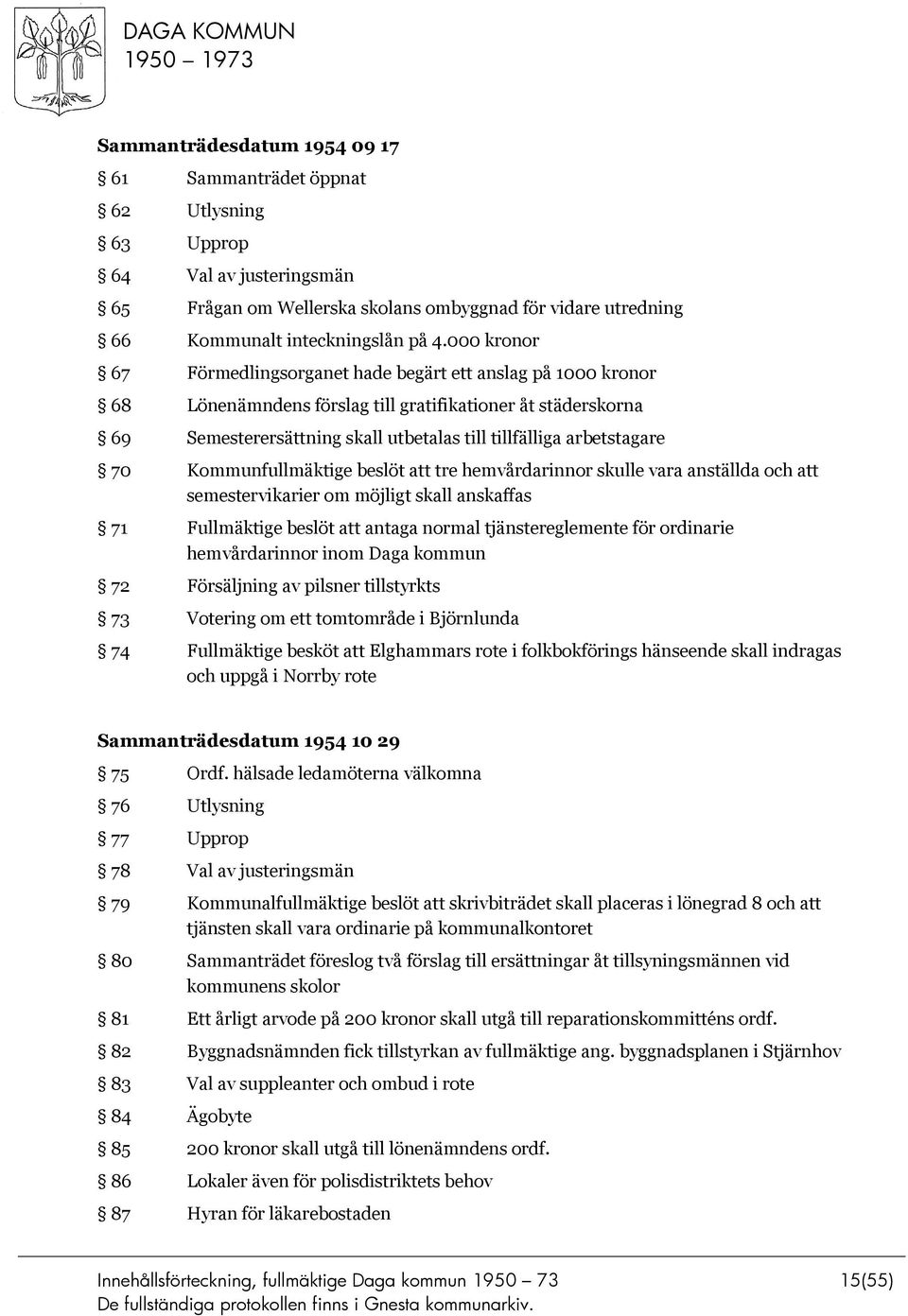 70 Kommunfullmäktige beslöt att tre hemvårdarinnor skulle vara anställda och att semestervikarier om möjligt skall anskaffas 71 Fullmäktige beslöt att antaga normal tjänstereglemente för ordinarie