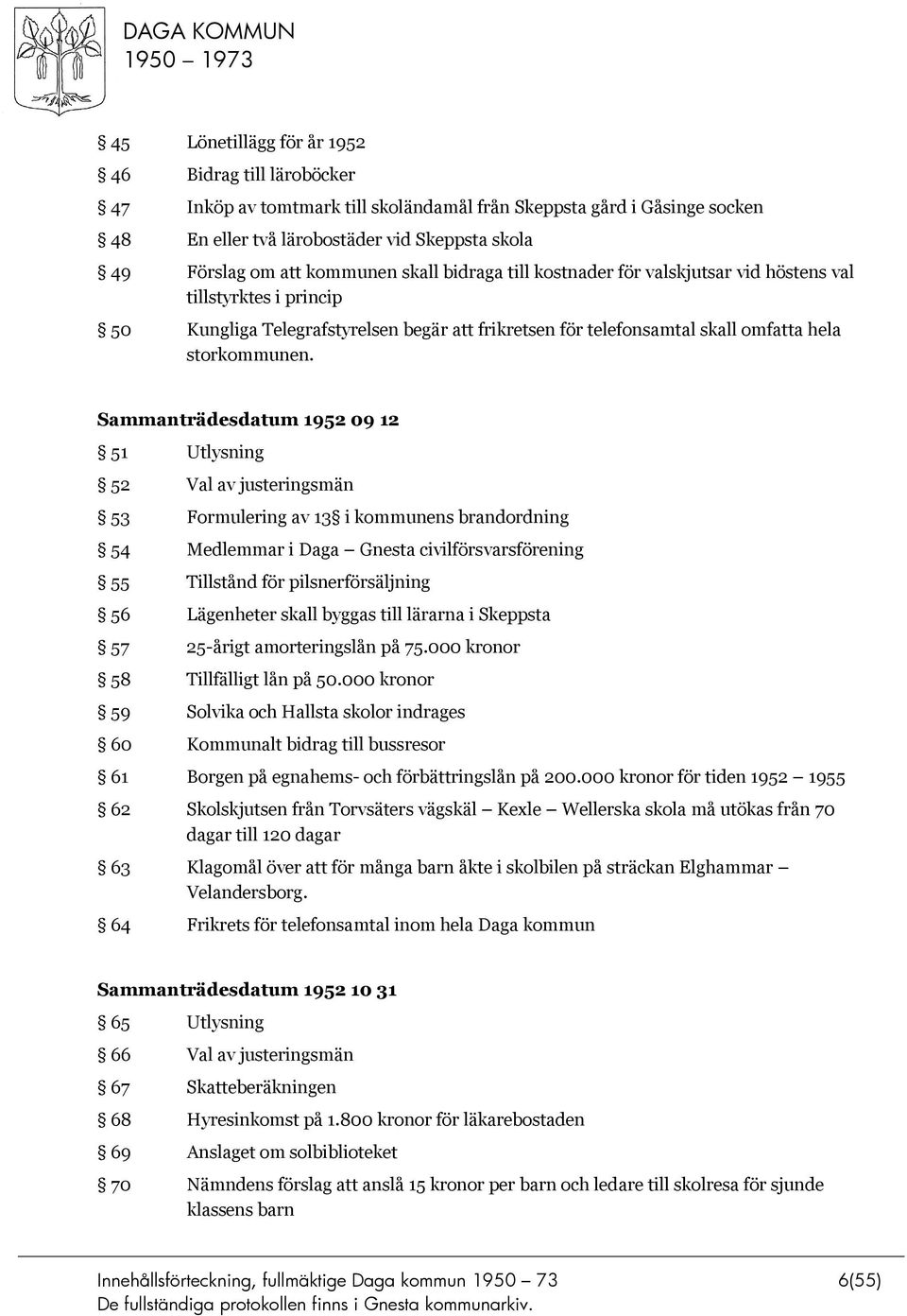 Sammanträdesdatum 1952 09 12 51 Utlysning 52 Val av justeringsmän 53 Formulering av 13 i kommunens brandordning 54 Medlemmar i Daga Gnesta civilförsvarsförening 55 Tillstånd för pilsnerförsäljning 56