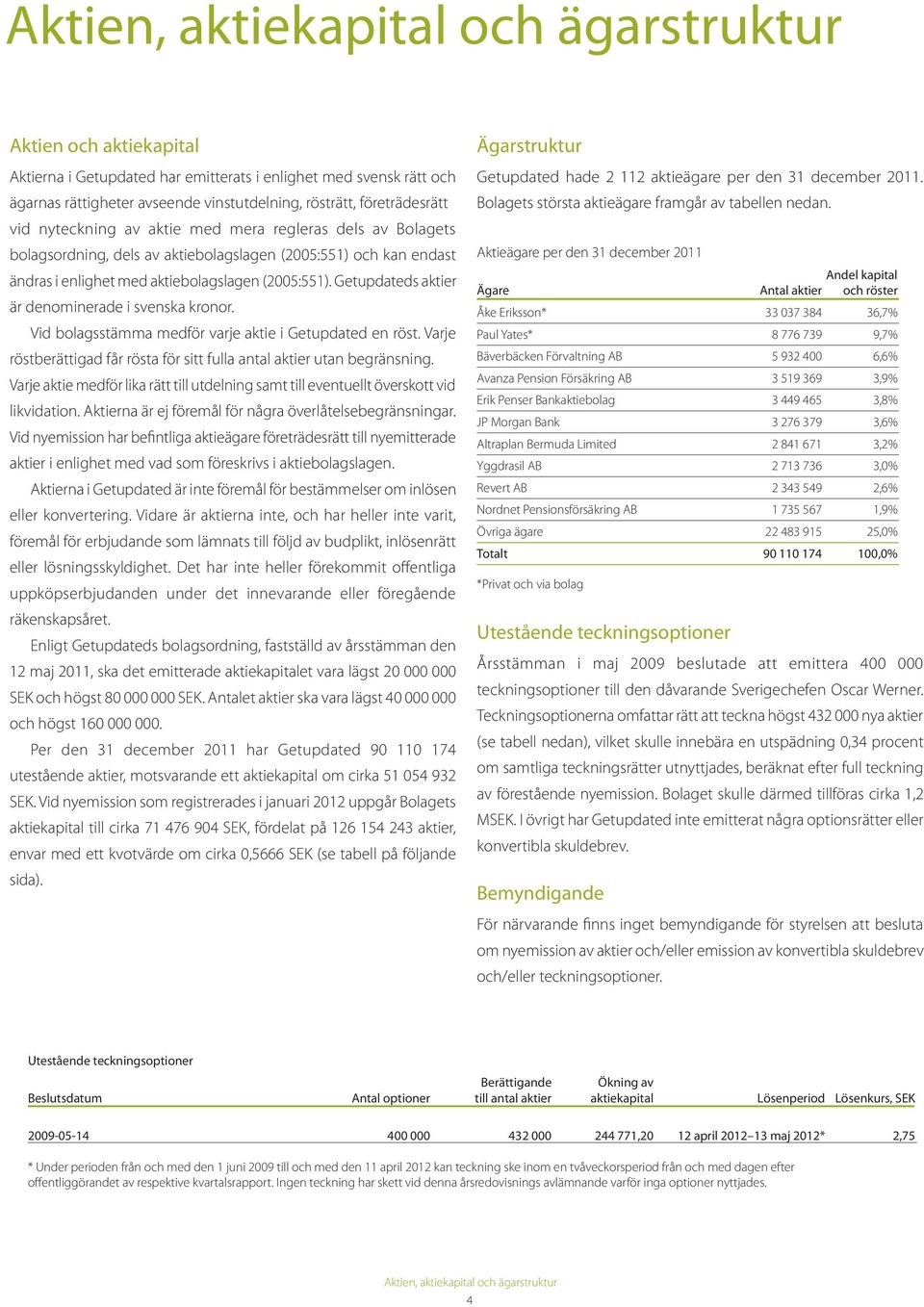 Getupdateds aktier är denominerade i svenska kronor. Vid bolagsstämma medför varje aktie i Getupdated en röst. Varje röstberättigad får rösta för sitt fulla antal aktier utan begränsning.