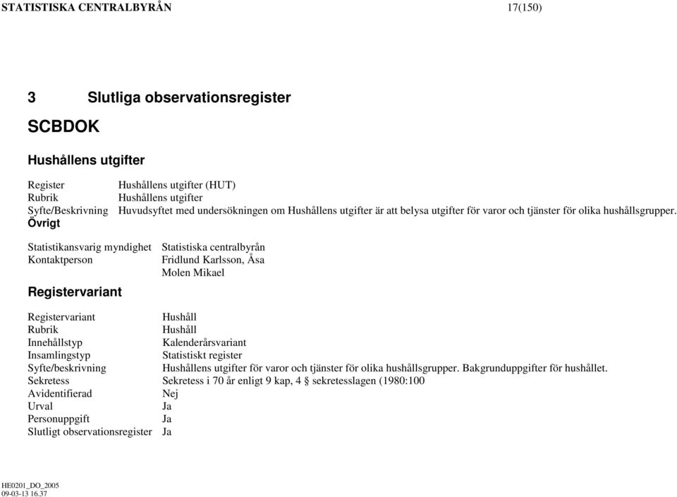 Övrigt Statistikansvarig myndighet Statistiska centralbyrån Kontaktperson Fridlund Karlsson, Åsa Molen Mikael Registervariant Registervariant Hushåll Rubrik Hushåll Innehållstyp Kalenderårsvariant