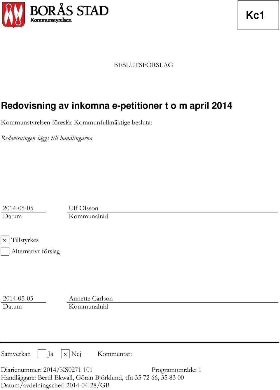 2014-05-05 Ulf Olsson Datum Kommunalråd x Tillstyrkes Alternativt förslag 2014-05-05 Annette Carlson Datum