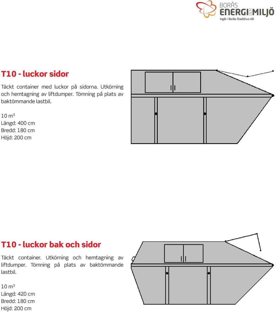 Längd: 400 cm Höjd: 200 cm T10 - luckor bak och sidor Täckt container.