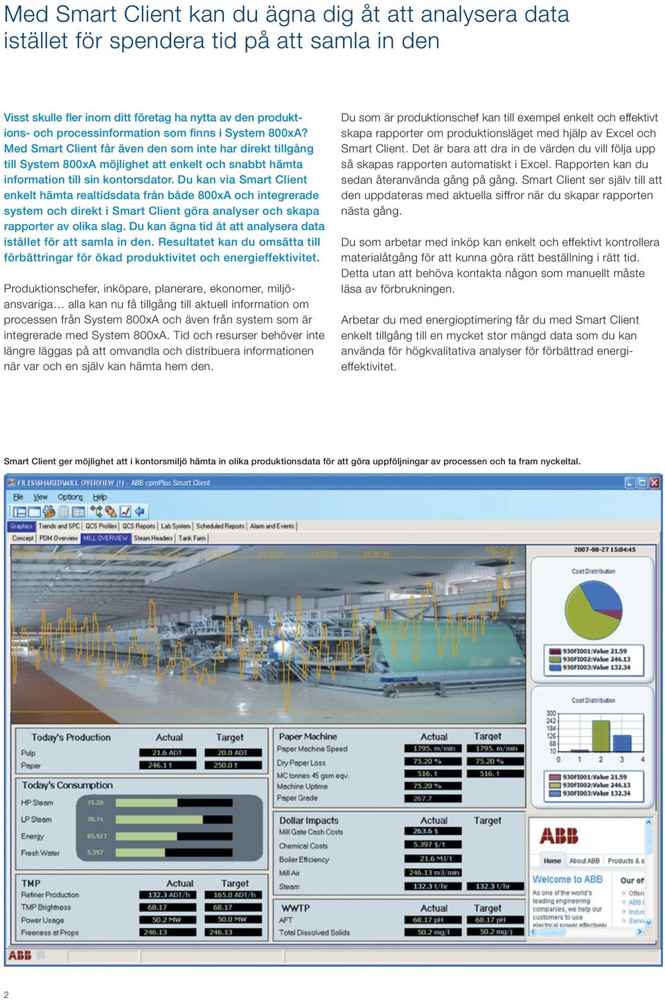 Du kan via Smart Client enkelt hämta realtidsdata från både 800xA och integrerade system och direkt i Smart Client göra analyser och skapa rapporter av olika slag.