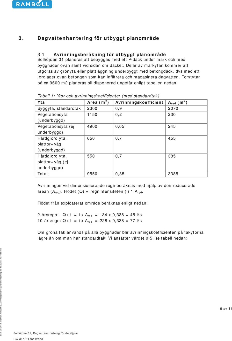 Delar av markytan kommer att utgöras av grönyta eller plattläggning underbyggt med betongdäck, dvs med ett jordlager ovan betongen som kan infiltrera och magasinera dagvatten.