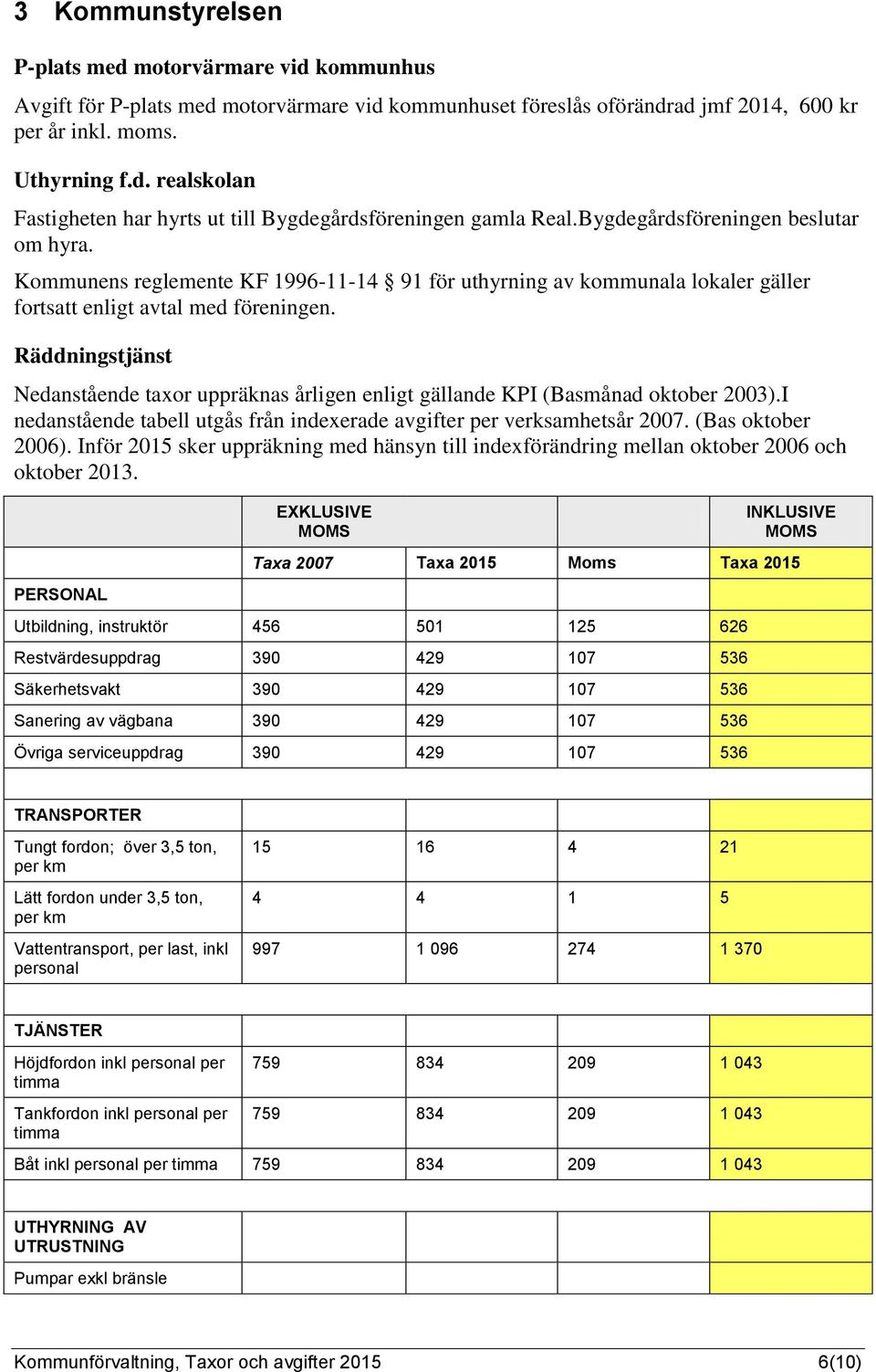 Räddningstjänst Nedanstående taxor uppräknas årligen enligt gällande KPI (Basmånad oktober 2003).I nedanstående tabell utgås från indexerade avgifter per verksamhetsår 2007. (Bas oktober 2006).