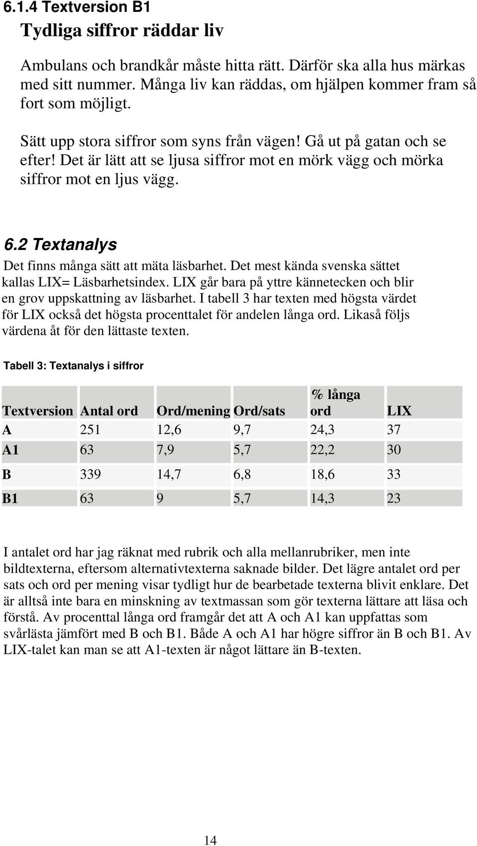 2 Textanalys Det finns många sätt att mäta läsbarhet. Det mest kända svenska sättet kallas LIX= Läsbarhetsindex. LIX går bara på yttre kännetecken och blir en grov uppskattning av läsbarhet.