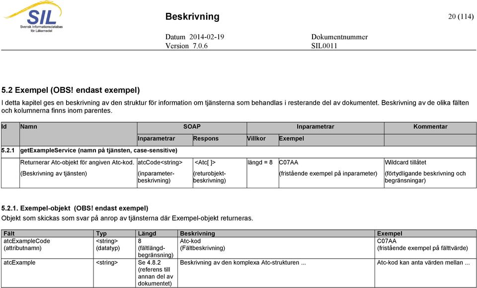 1 getexampleservice (namn på tjänsten, case-sensitive) Inparametrar Respons Villkor Exempel Returnerar Atc-objekt för angiven Atc-kod.