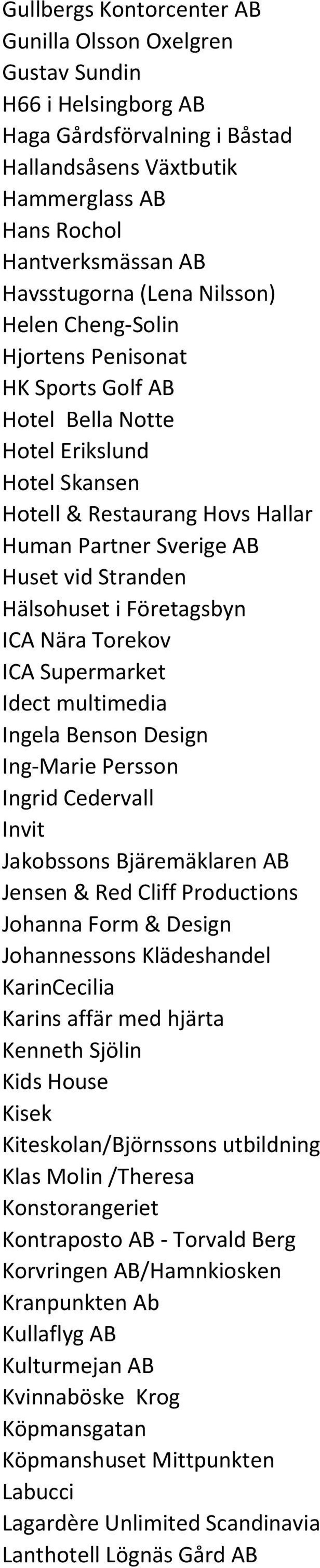 Hälsohuset i Företagsbyn ICA Nära Torekov ICA Supermarket Idect multimedia Ingela Benson Design Ing-Marie Persson Ingrid Cedervall Invit Jakobssons Bjäremäklaren AB Jensen & Red Cliff Productions