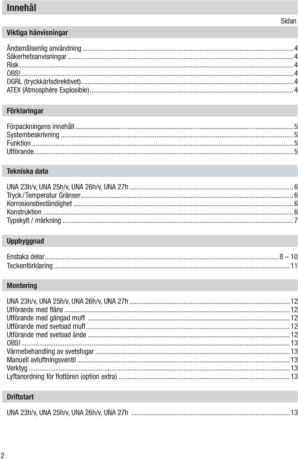 ..6 Korrosionsbeständighet...6 Konstruktion...6 Typskylt / märkning...7 Uppbyggnad Enstaka delar...8 10 Teckenförklaring...11 Montering UNA 23h/v, UNA 25h/v, UNA 26h/v, UNA 27h...12 Utförande med fläns.