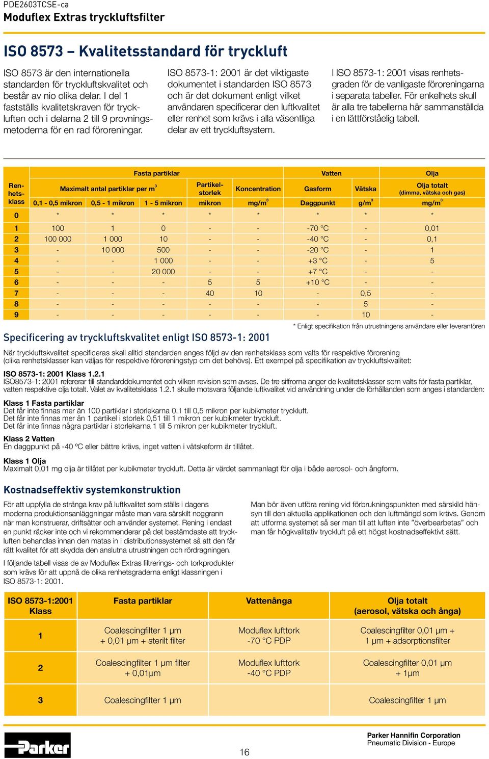 ISO 8573-1: 2001 är det viktigaste dokumentet i standarden ISO 8573 och är det dokument enligt vilket användaren specificerar den luftkvalitet eller renhet som krävs i alla väsentliga delar av ett