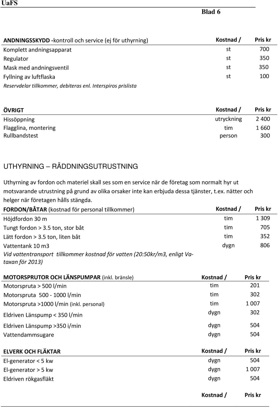 Interspiros prislista ÖVRIGT Kostnad / Pris kr Hissöppning utryckning 2 400 Flagglina, montering Rullbandstest tim person 1 660 300 UTHYRNING RÄDDNINGSUTRUSTNING Uthyrning av fordon och materiel