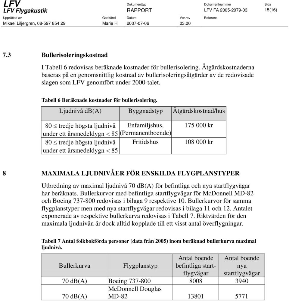 Ljudnivå db(a) Byggnadstyp Åtgärdskostnad/hus 80 tredje högsta ljudnivå Enfamiljshus, under ett årsmedeldygn < 85 (Permanentboende) 80 tredje högsta ljudnivå Fritidshus under ett årsmedeldygn < 85