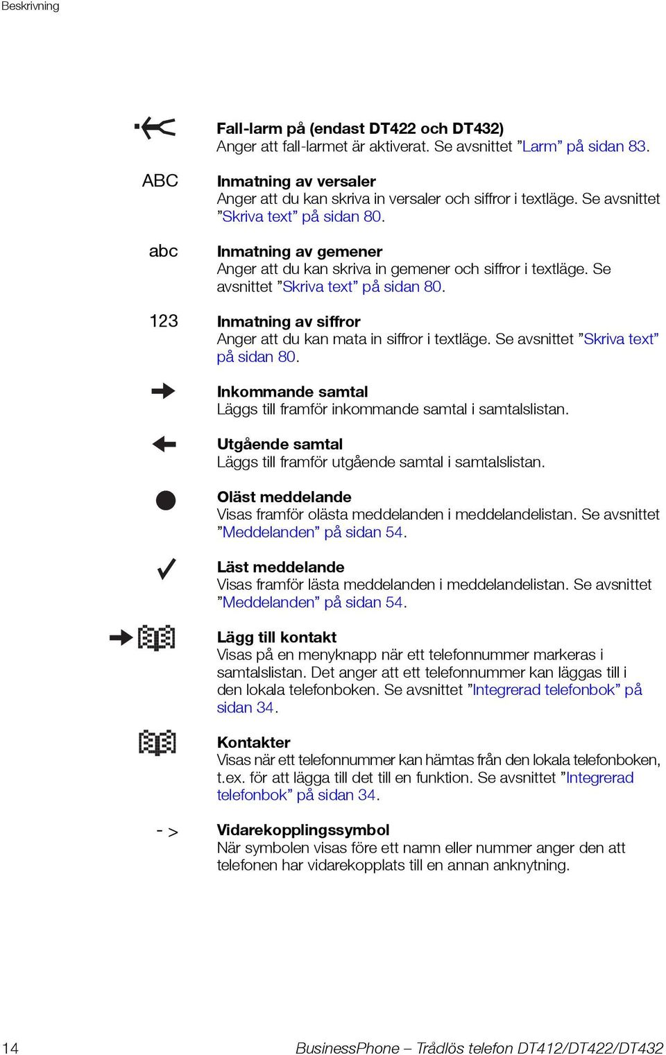 Inmatning av gemener Anger att du kan skriva in gemener och siffror i textläge. Se avsnittet Skriva text på sidan 80. 123 Inmatning av siffror Anger att du kan mata in siffror i textläge.