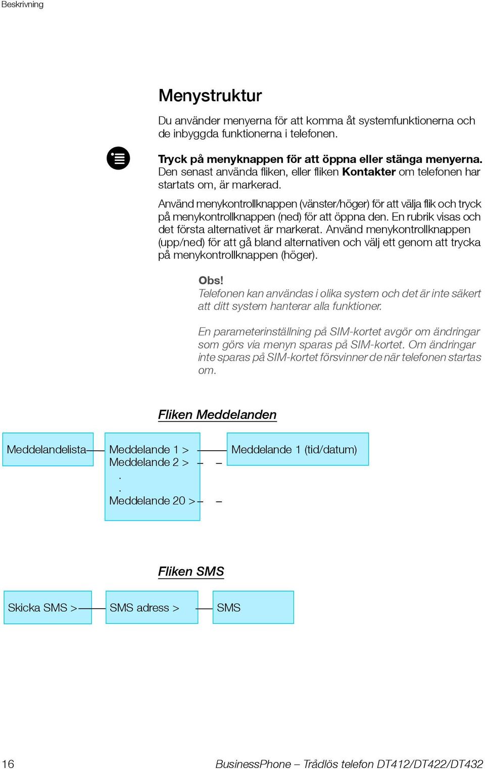 Använd menykontrollknappen (vänster/höger) för att välja flik och tryck på menykontrollknappen (ned) för att öppna den. En rubrik visas och det första alternativet är markerat.