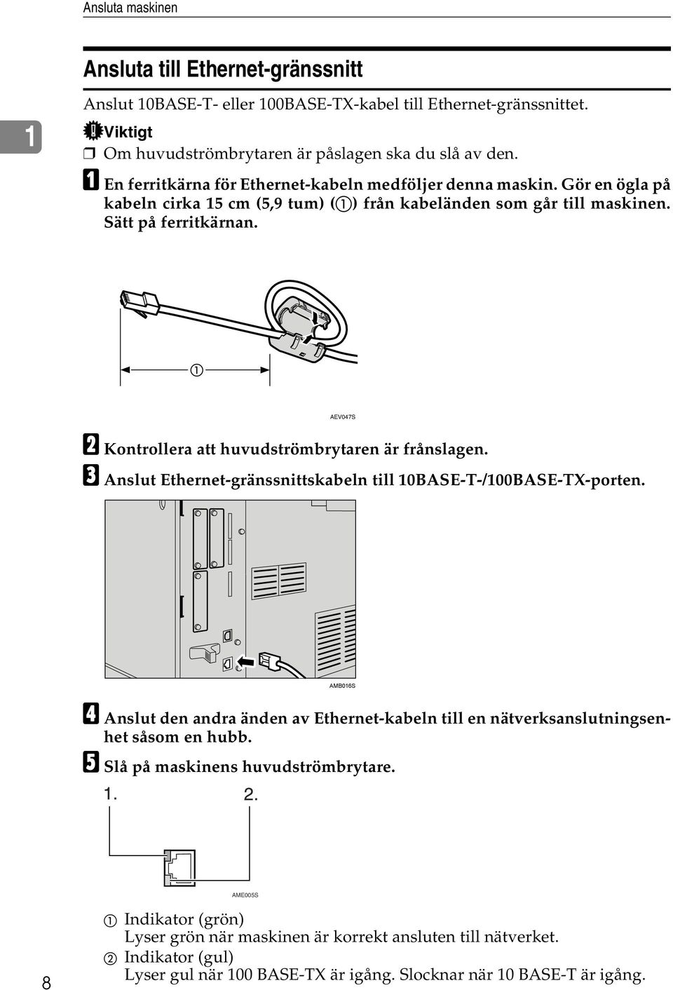 AEV047S B Kontrollera att huvudströmbrytaren är frånslagen. C Anslut Ethernet-gränssnittskabeln till 10BASE-T-/100BASE-TX-porten.