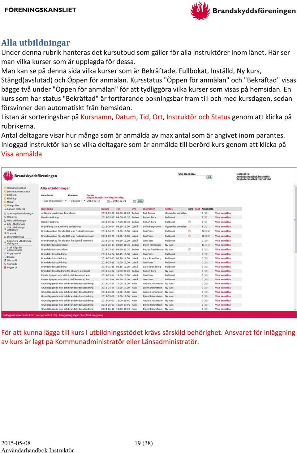 Kursstatus "Öppen för anmälan" och "Bekräftad" visas bägge två under "Öppen för anmälan" för att tydliggöra vilka kurser som visas på hemsidan.