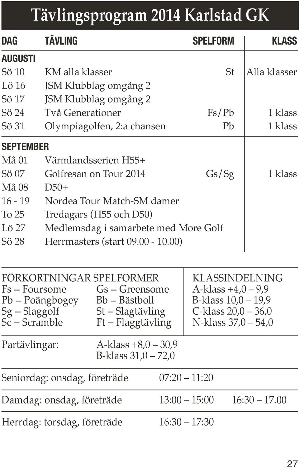 Golfresan on Tour 2014 Må 08 D50+ To 25 Lö 27 Sö 28 SPELFORM KLASS St Alla klasser Fs/Pb 1 klass