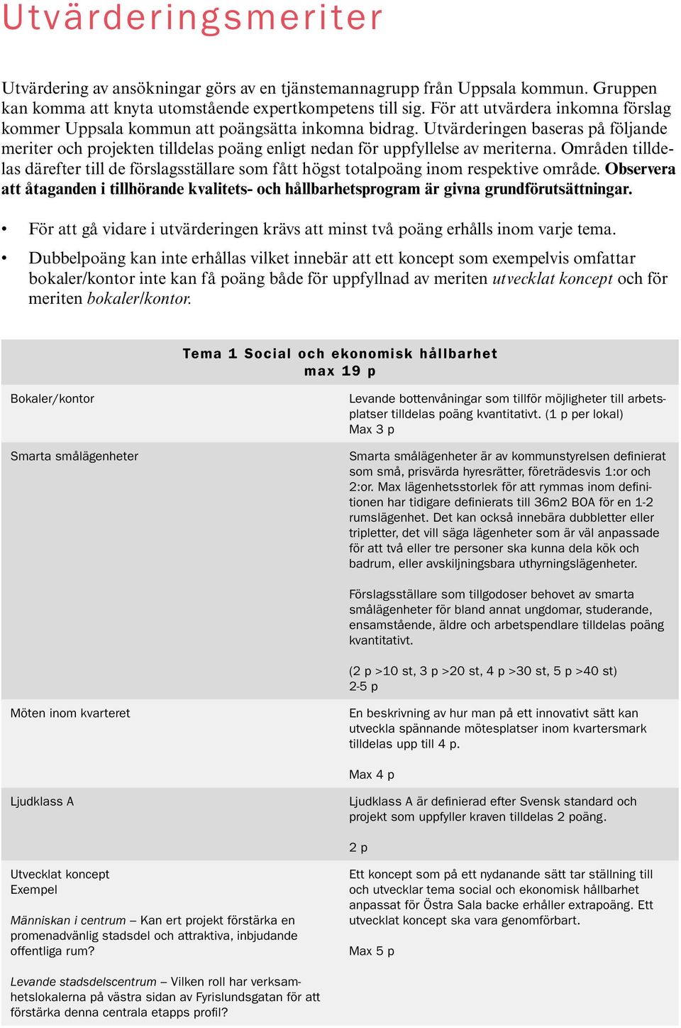 Utvärderingen baseras på följande meriter och projekten tilldelas poäng enligt nedan för uppfyllelse av meriterna.