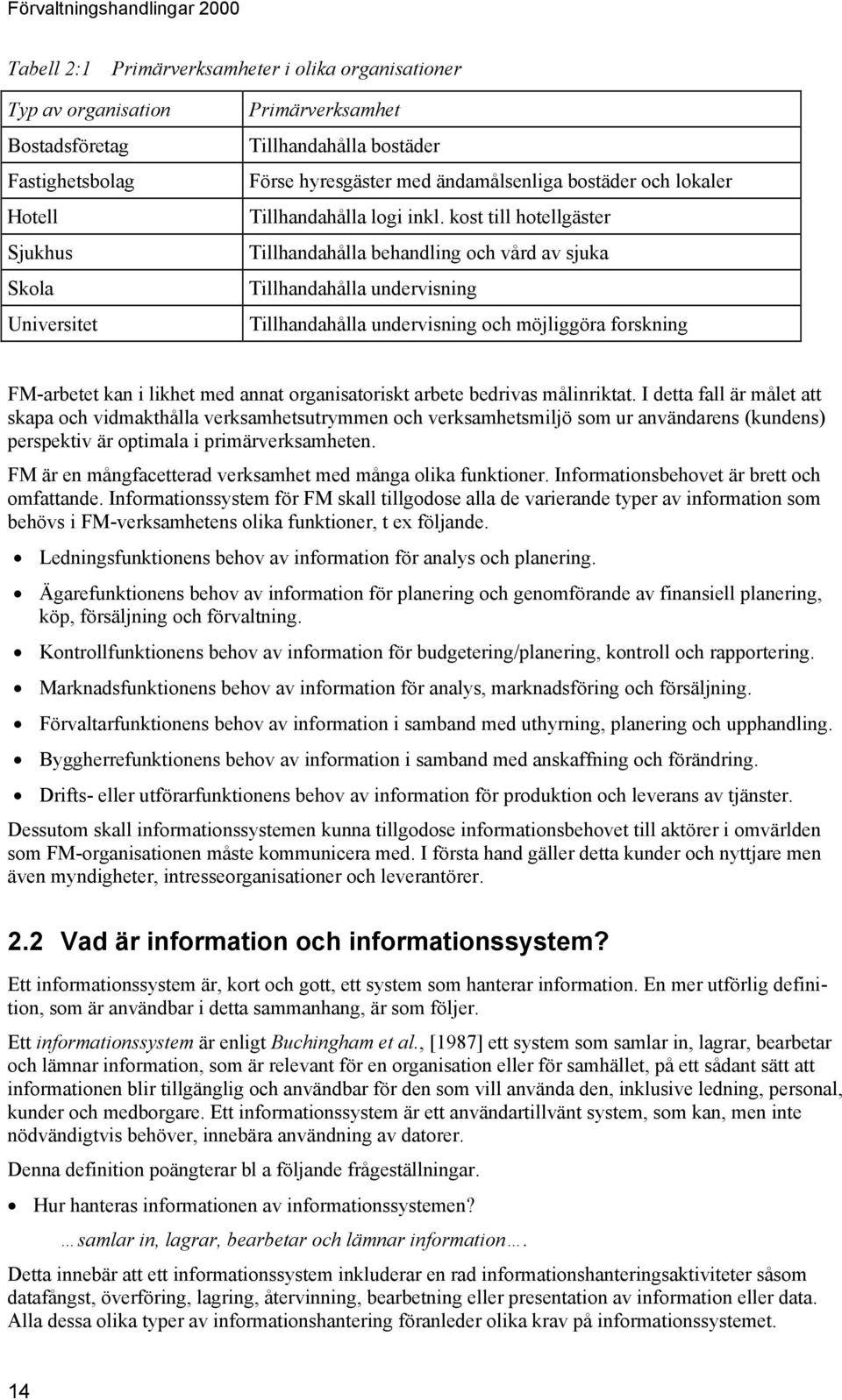 kost till hotellgäster Tillhandahålla behandling och vård av sjuka Tillhandahålla undervisning Tillhandahålla undervisning och möjliggöra forskning FM-arbetet kan i likhet med annat organisatoriskt