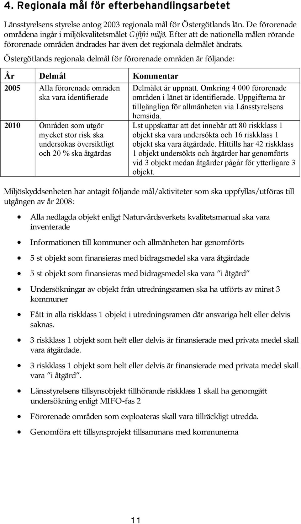 Östergötlands regionala delmål för förorenade områden är följande: År Delmål Kommentar 2005 Alla förorenade områden ska vara identifierade 2010 Områden som utgör mycket stor risk ska undersökas