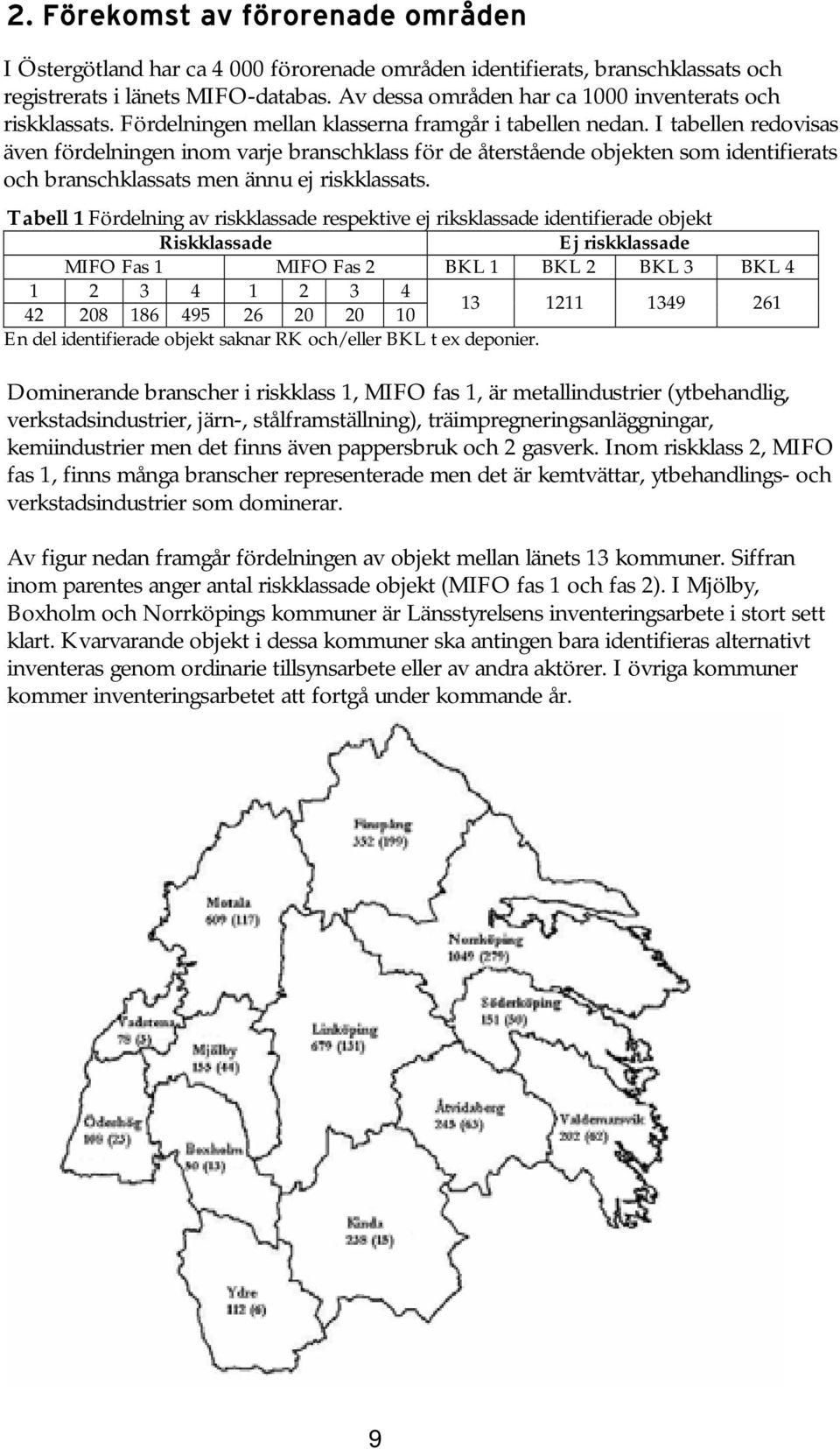 I tabellen redovisas även fördelningen inom varje branschklass för de återstående objekten som identifierats och branschklassats men ännu ej riskklassats.