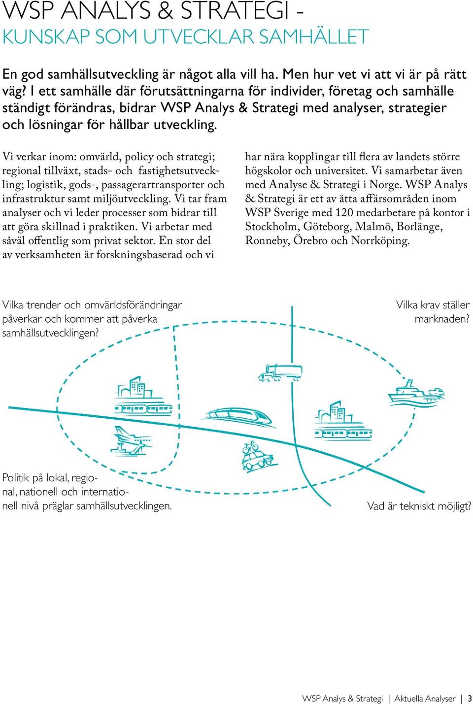 Vi verkar inom: omvärld, policy och strategi; regional tillväxt, stads- och fastighetsutveckling; logistik, gods-, passagerartransporter och infrastruktur samt miljöutveckling.