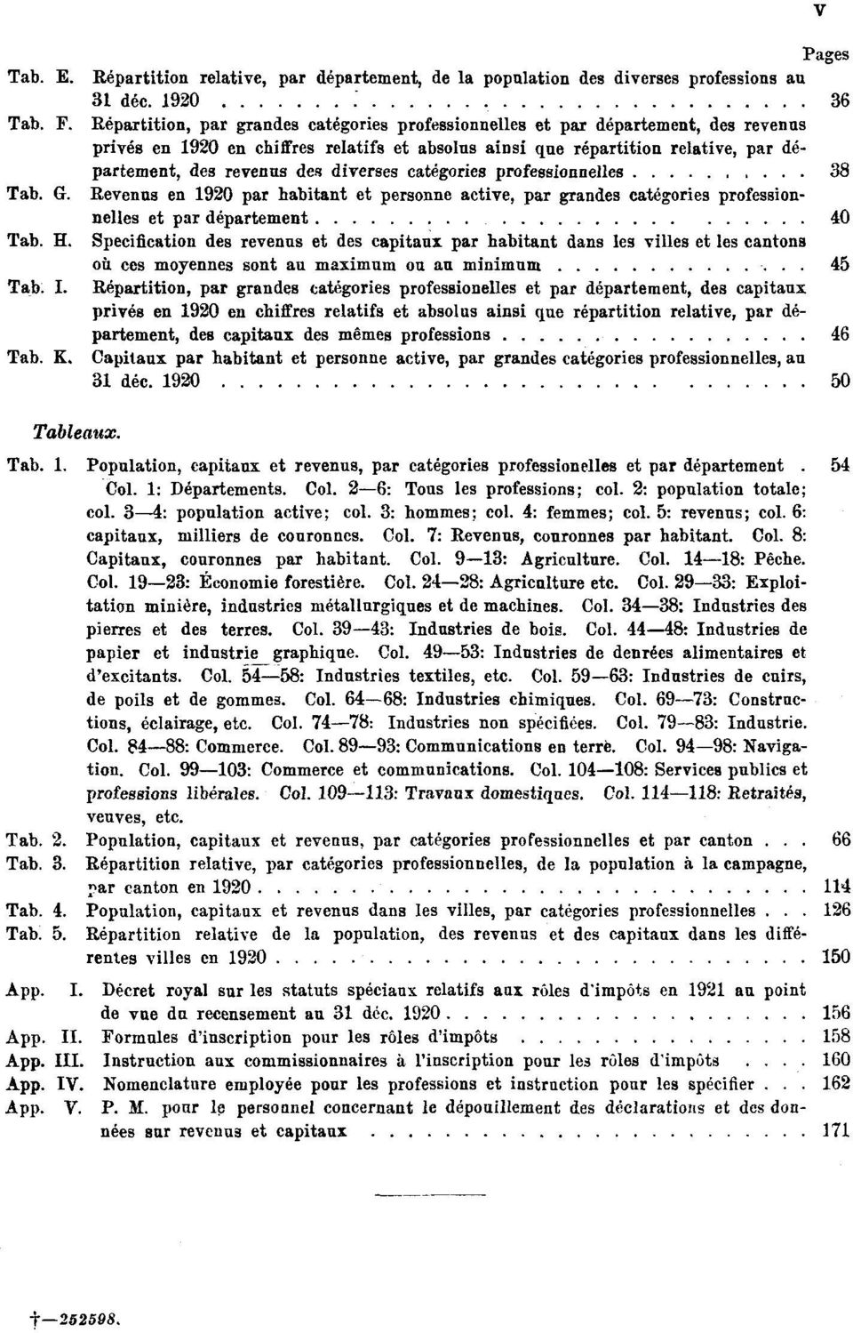 diverses catégories professionnelles 38 Tab. G. Revenus en 1920 par habitant et personne active, par grandes catégories professionnelles et par département 40 Tab. H.