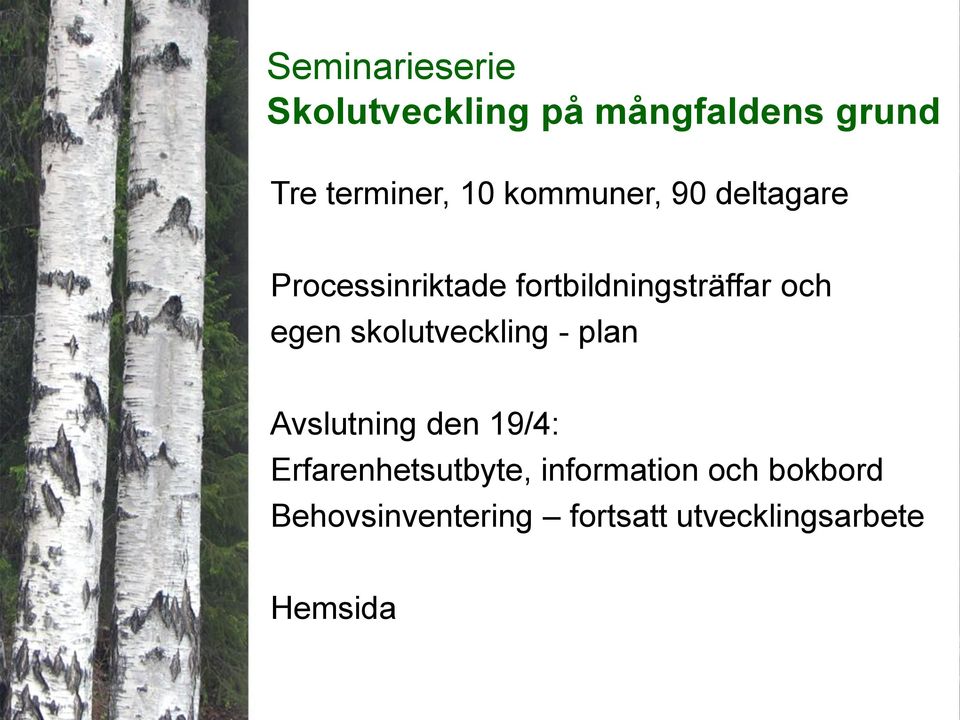 egen skolutveckling - plan Avslutning den 19/4: Erfarenhetsutbyte,