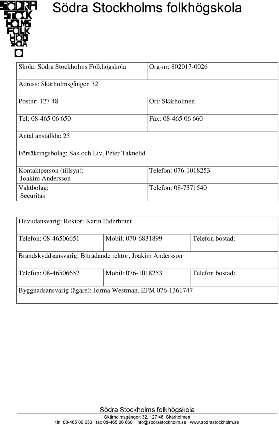 076-1018253 Telefon: 08-7371540 Huvudansvarig: Rektor: Karin Eiderbrant Telefon: 08-46506651 Mobil: 070-6831899 Telefon bostad: