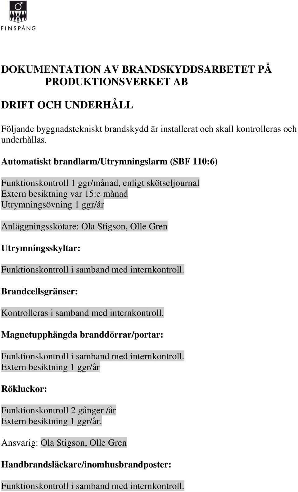 Stigson, Olle Gren Utrymningsskyltar: Funktionskontroll i samband med internkontroll. Brandcellsgränser: Kontrolleras i samband med internkontroll.